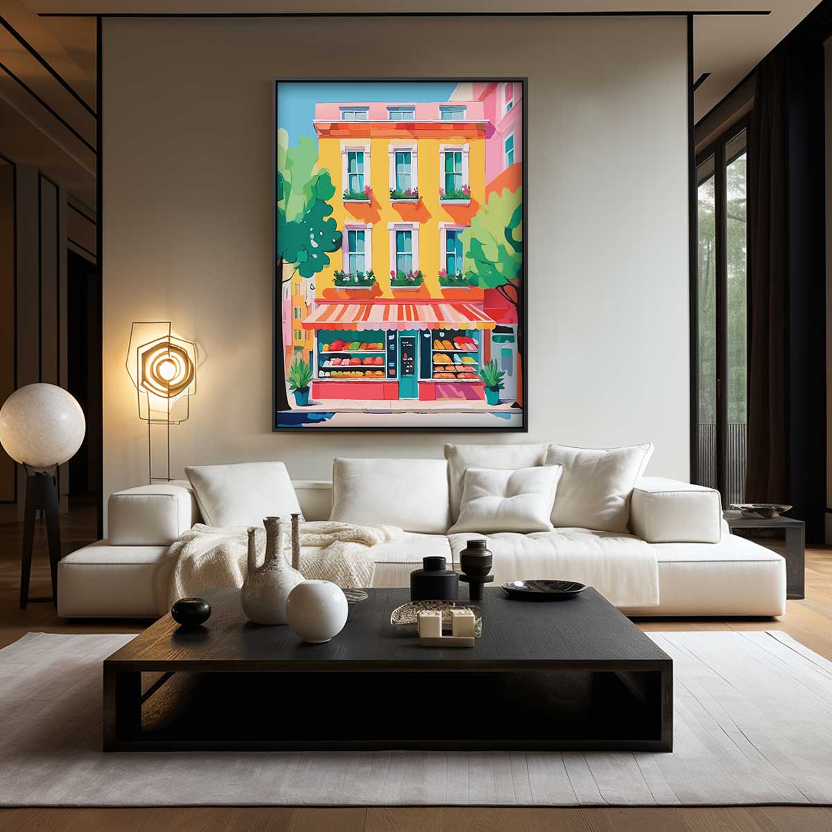 Kleurrijke Buurtbistro Voorgevel Kunstwerk-canvas-dibond-plexiglas-wanddecoratie-WallArtistic