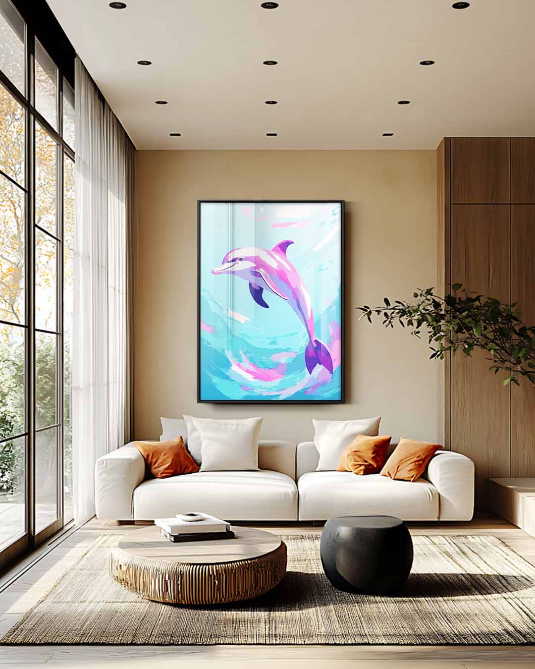Dansende Dolfijn in Oceaan Blues Kunstwerk-canvas-dibond-plexiglas-wanddecoratie-WallArtistic