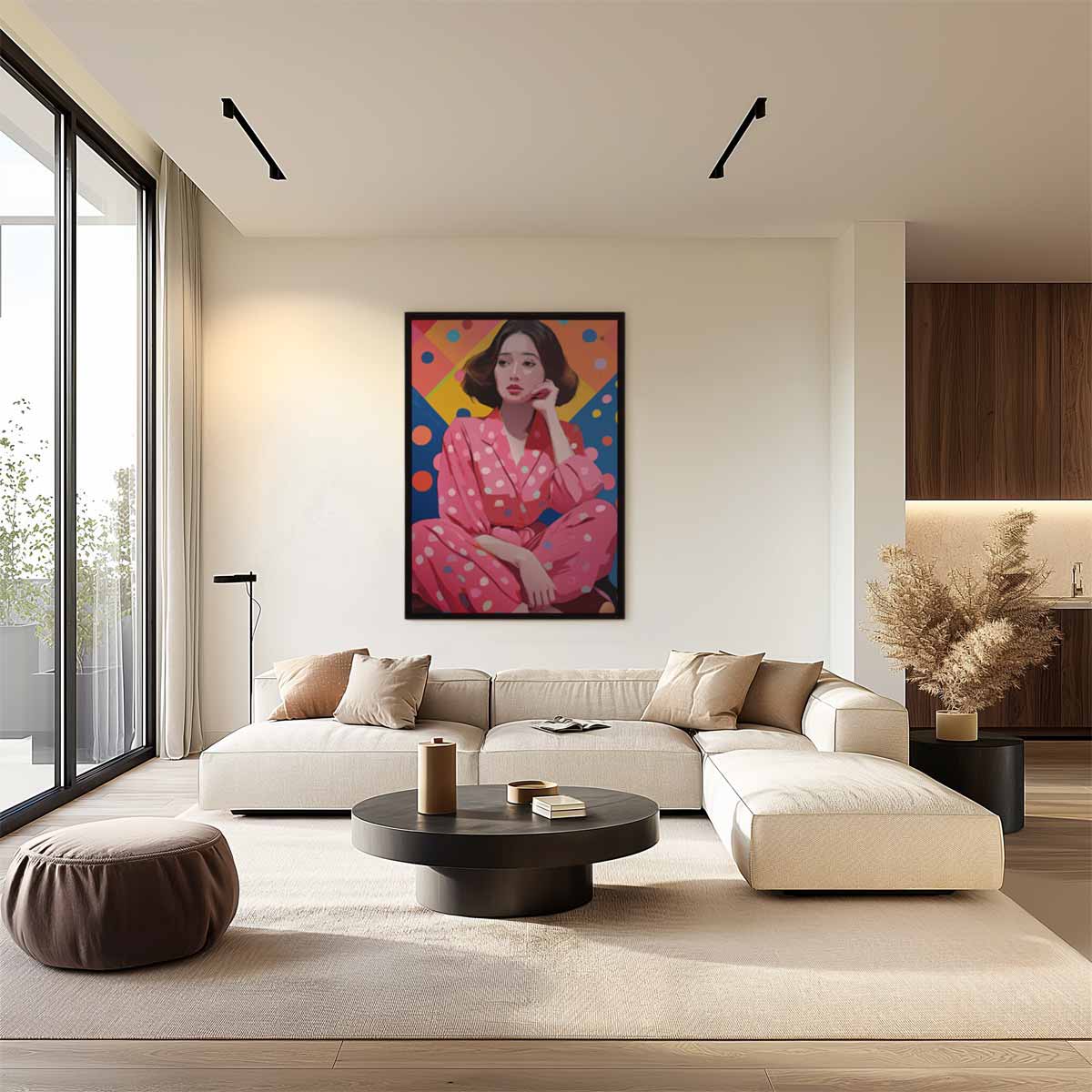 Kleurrijk Portret met Polka Dots Kunstwerk-canvas-dibond-plexiglas-wanddecoratie-WallArtistic
