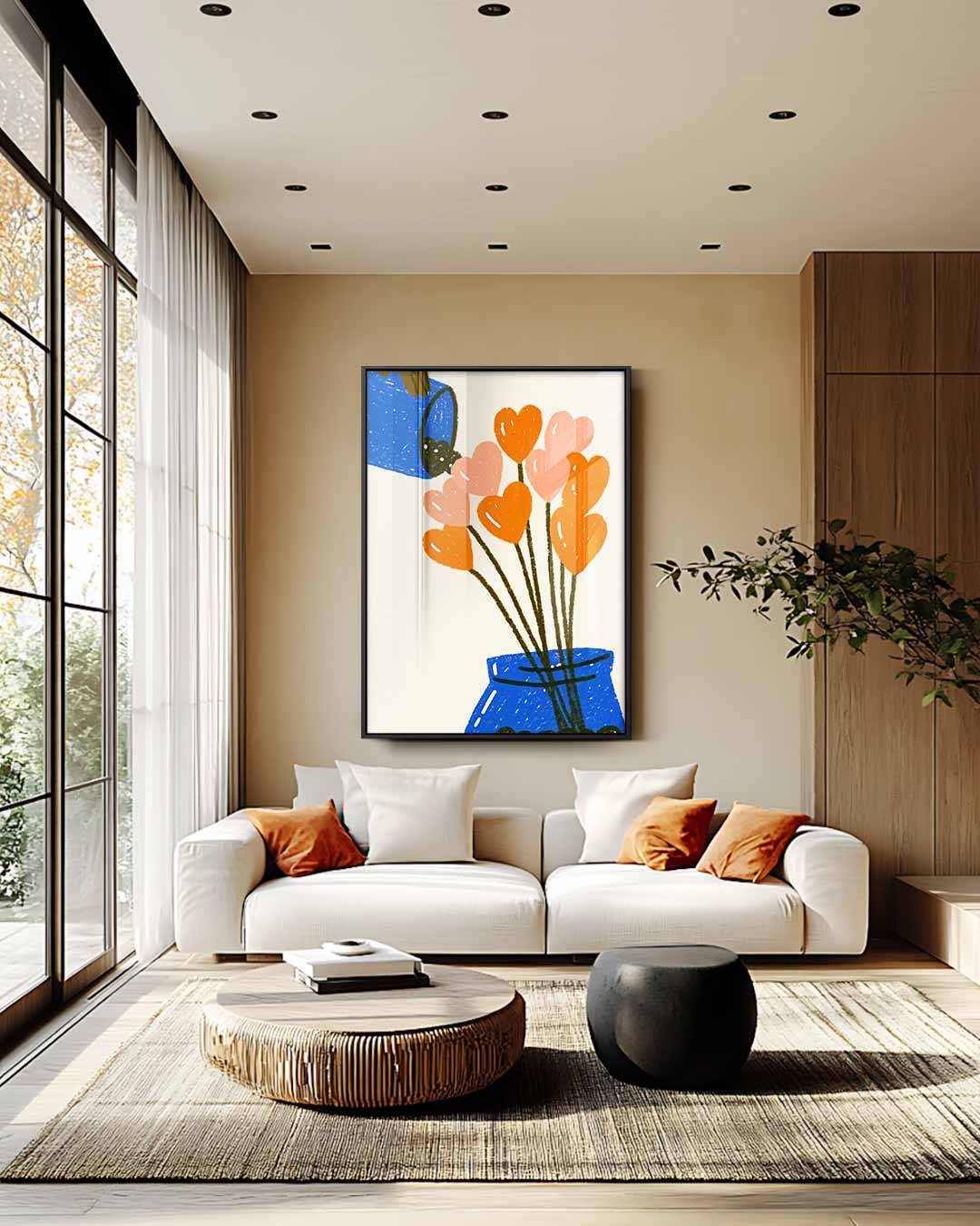 Bloemenhartjes in Blauwe Vaas Kunstwerk-canvas-dibond-plexiglas-wanddecoratie-WallArtistic