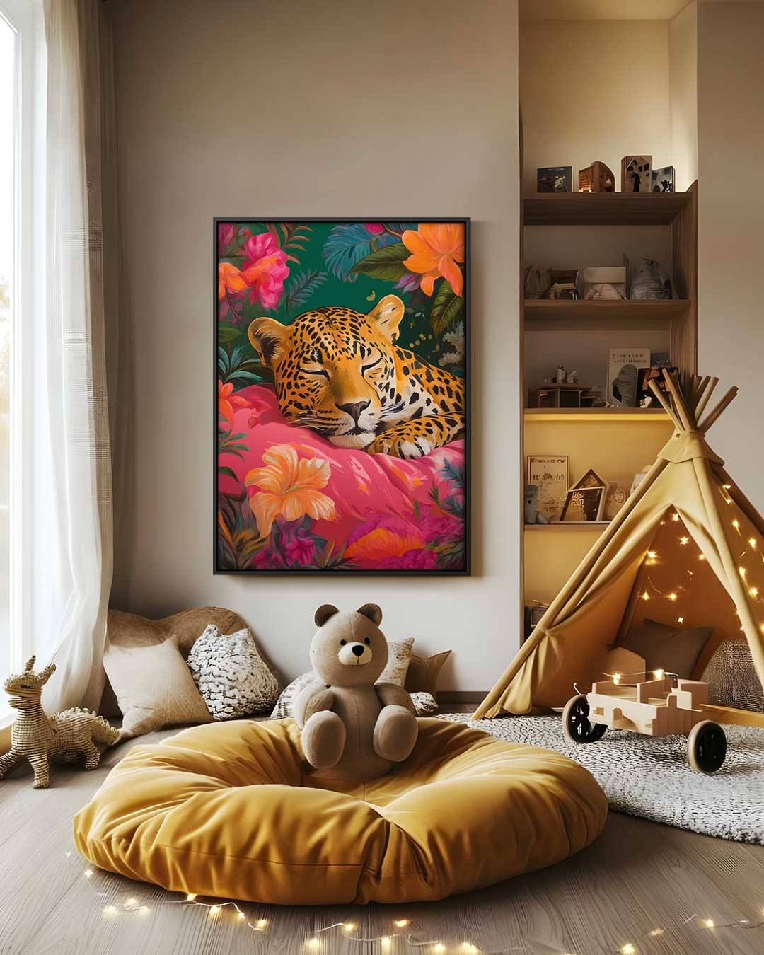 Sluimerende Luipaard in Bloemenpracht Kunstwerk-canvas-dibond-plexiglas-wanddecoratie-WallArtistic