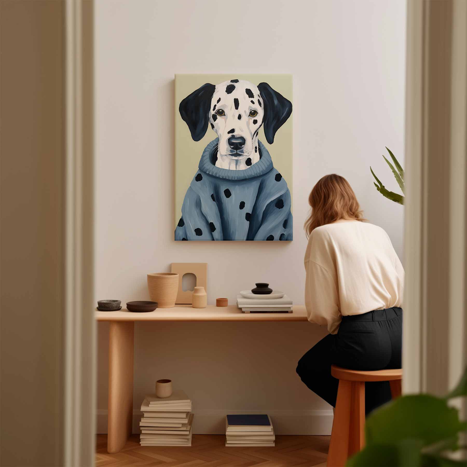 Stijlvolle Dalmatiër in Blauwe Trui Kunstwerk-canvas-dibond-plexiglas-wanddecoratie-WallArtistic
