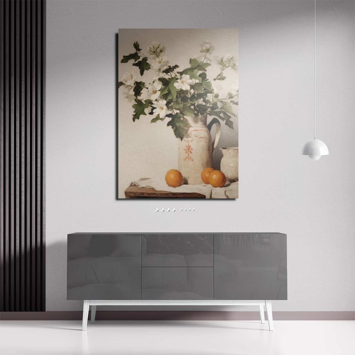 Bloemen en Sinaasappels in Aardewerken Kan Kunstwerk-canvas-dibond-plexiglas-wanddecoratie-WallArtistic