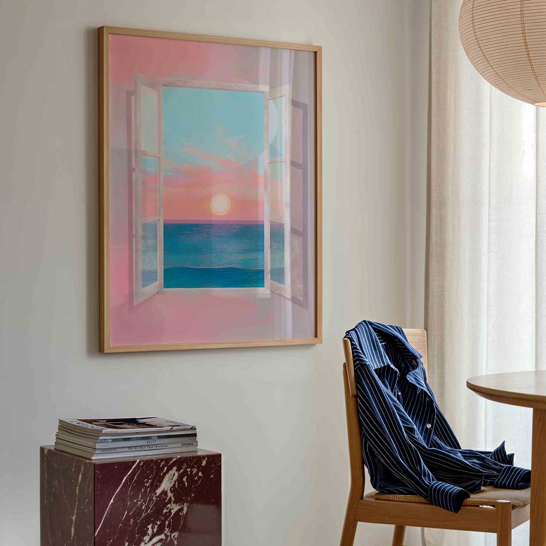 Zonsondergang bij open raam Poster