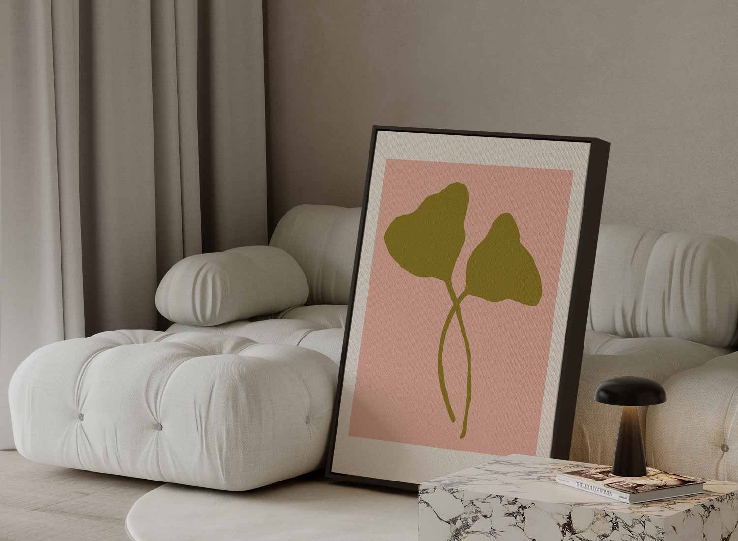 Minimalistische Bladvormen op Zalmkleur Kunstwerk-canvas-dibond-plexiglas-wanddecoratie-WallArtistic