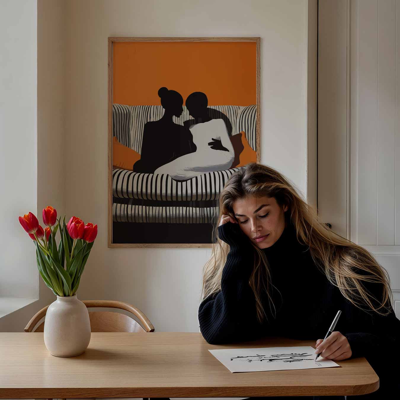 Intieme Silhouetten op Stijlvolle Bank Poster