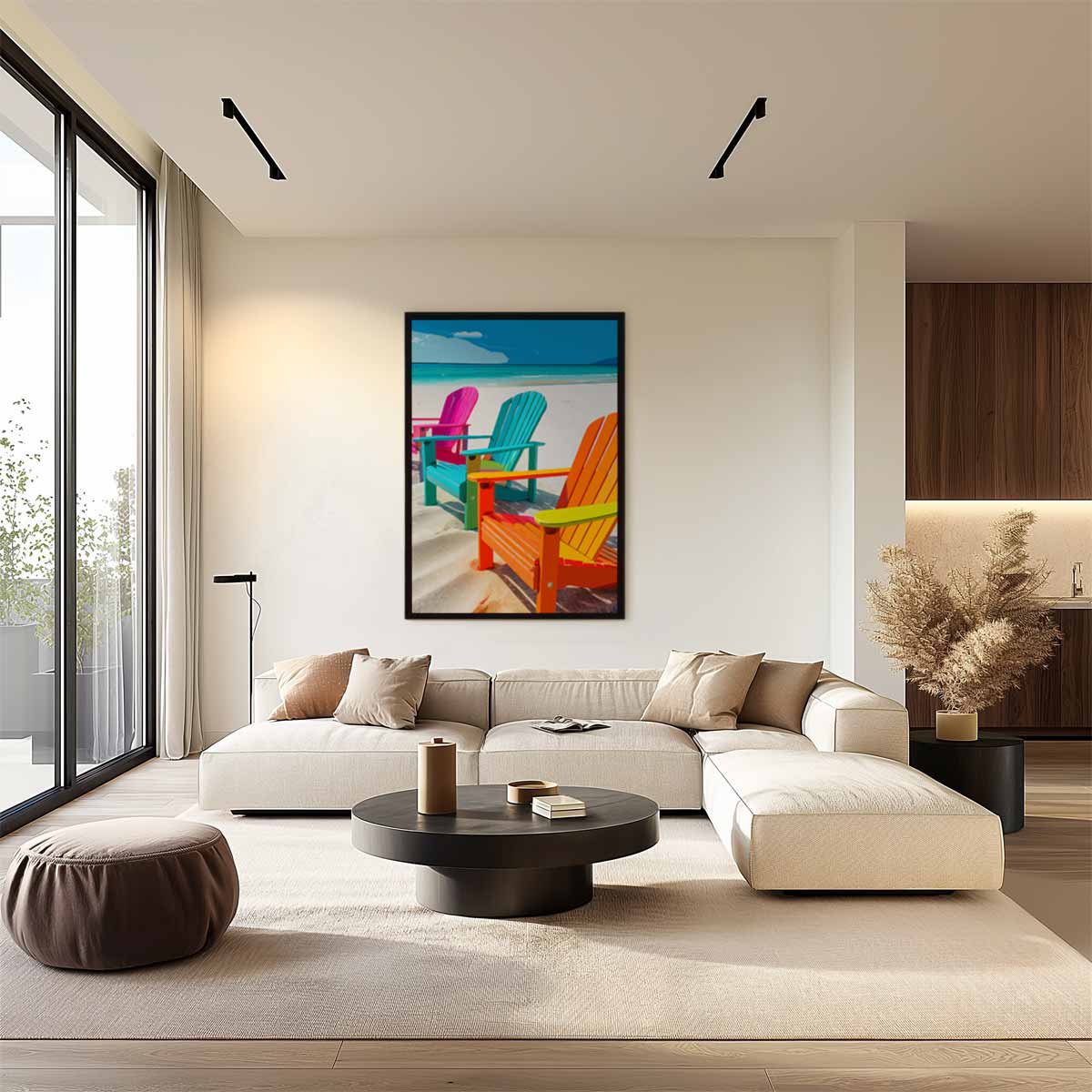 Kleurrijke Strandstoelen aan Zee Kunstwerk-canvas-dibond-plexiglas-wanddecoratie-WallArtistic