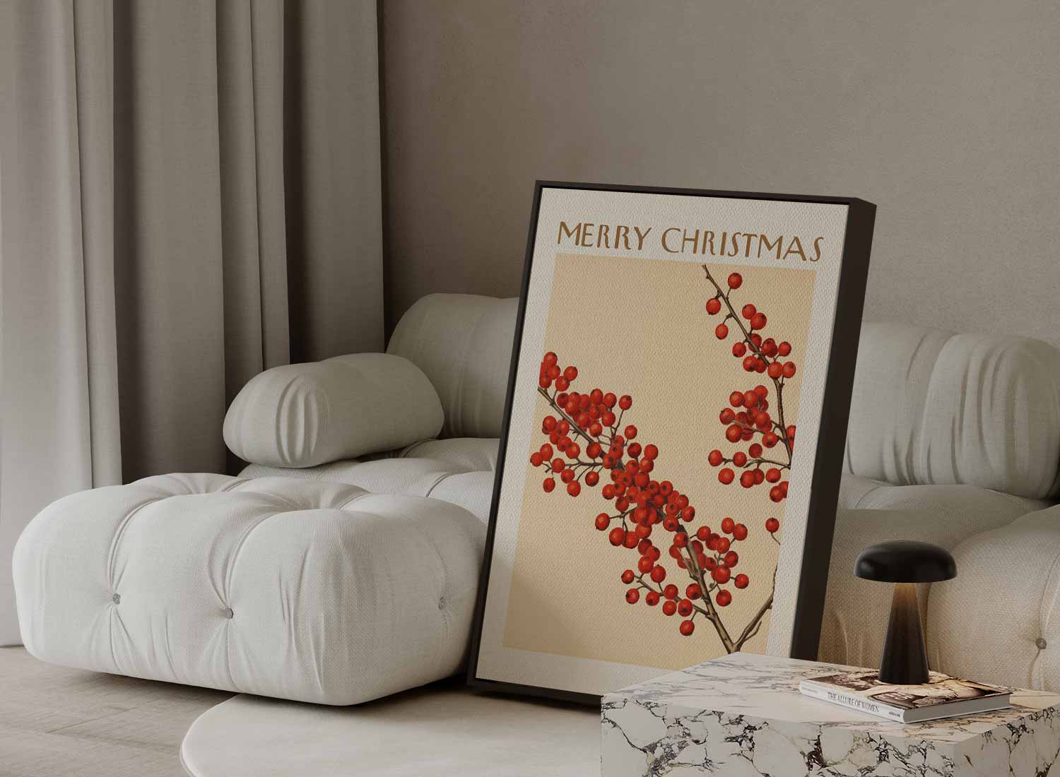 Vintage Kerstkaart met Rode Bessen Kunstwerk-canvas-dibond-plexiglas-wanddecoratie-WallArtistic
