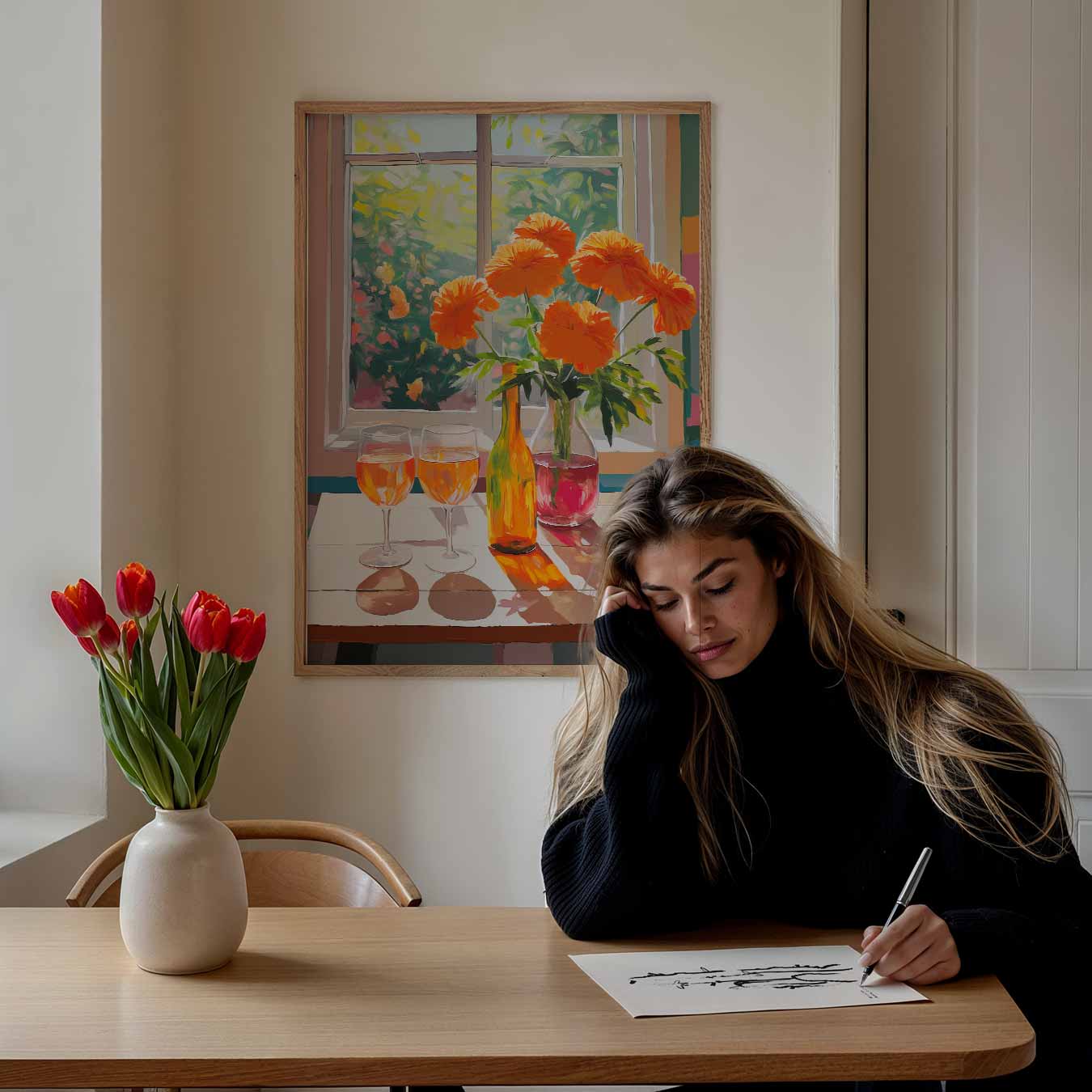 Zonnige Bloemen en Rosé Poster-WallArtistic