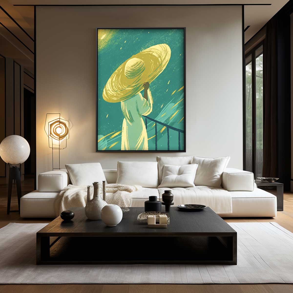 Vrouw met Gele Hoed in de Wind Kunstwerk-canvas-dibond-plexiglas-wanddecoratie-WallArtistic