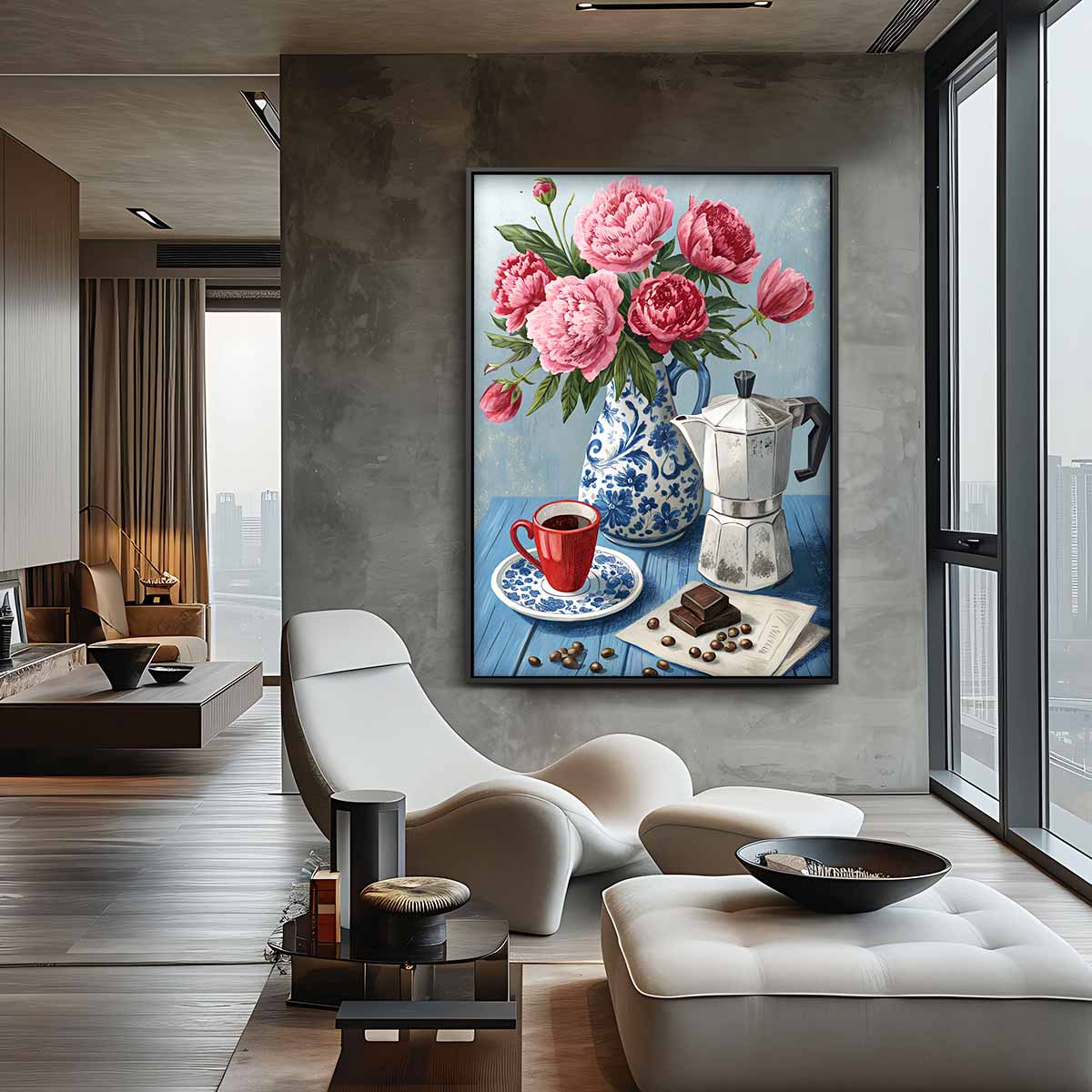 Bloemen en Koffie Stilleven Kunstwerk-canvas-dibond-plexiglas-wanddecoratie-WallArtistic