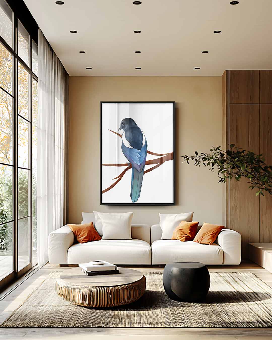 Kleurrijke Ekster op Tak Kunstwerk-canvas-dibond-plexiglas-wanddecoratie-WallArtistic