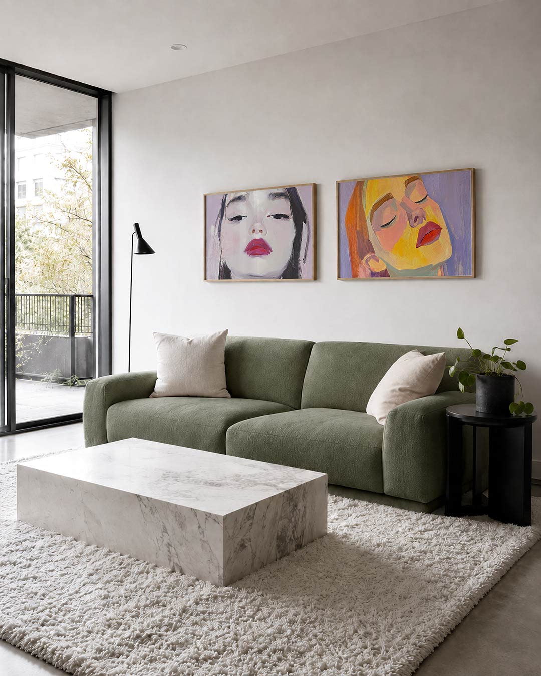 Twee liggende posters met donkere tinten en een rustige visuele opbouw, aan de muur in een interieur