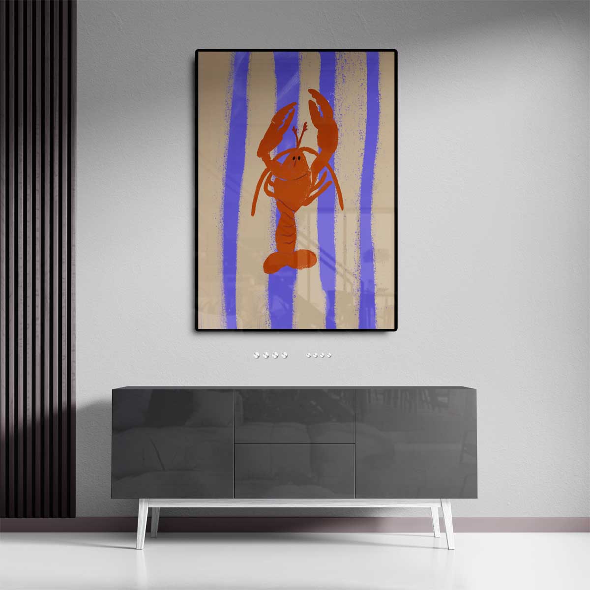 Dansende Kreeft op Streepjesachtergrond Kunstwerk-canvas-dibond-plexiglas-wanddecoratie-WallArtistic