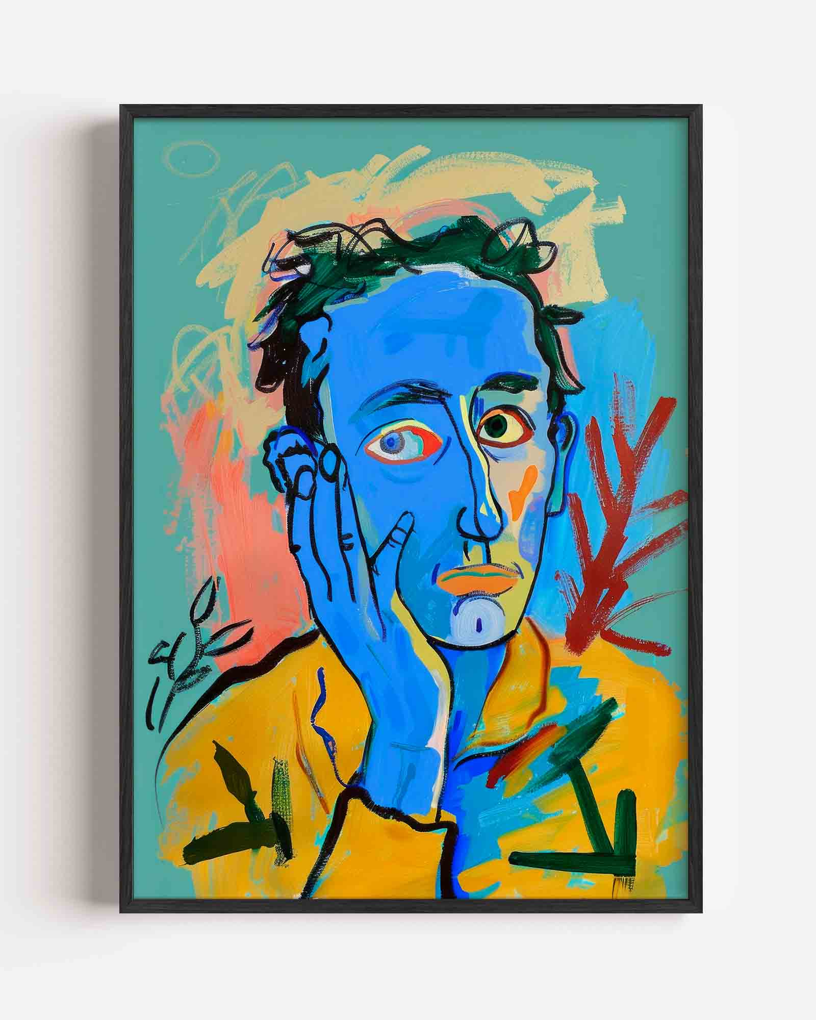 Blauw gezicht met hand Poster