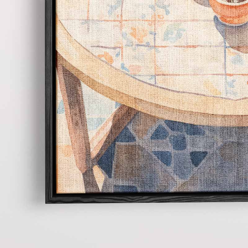 Zonnige Terrastafel met Bloempotten Kunstwerk-canvas-dibond-plexiglas-wanddecoratie-WallArtistic