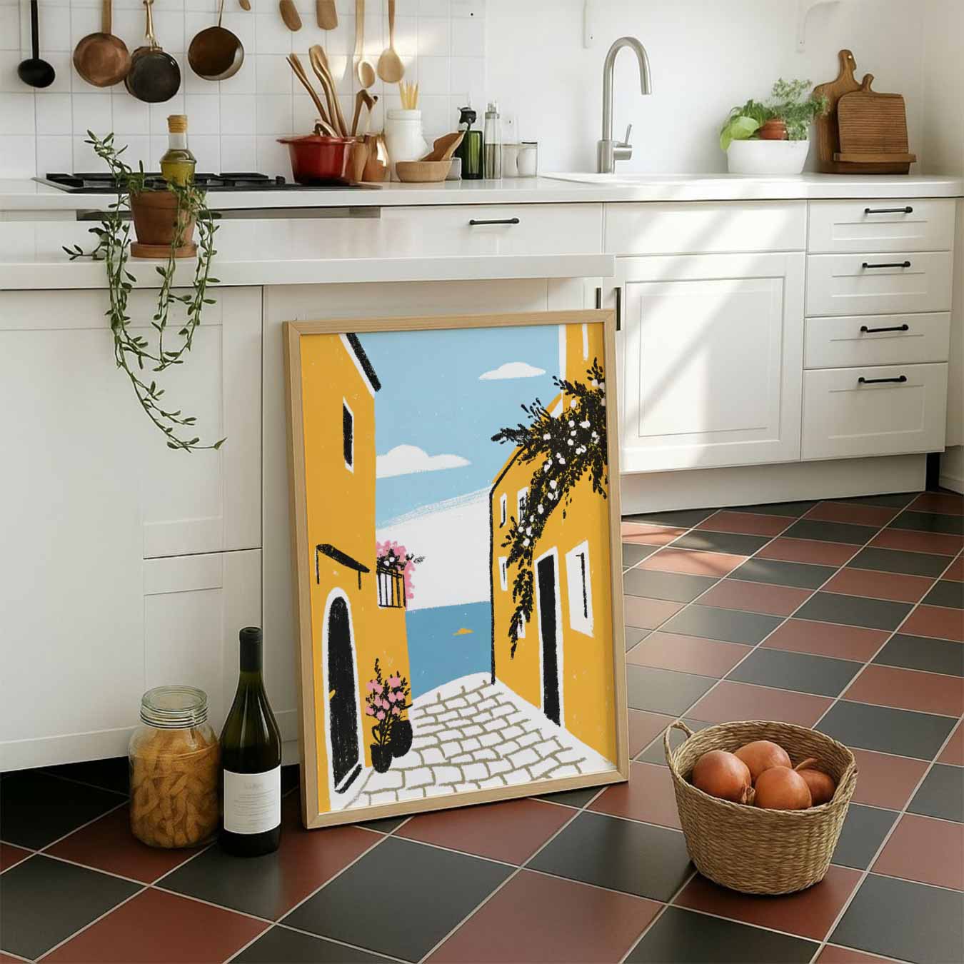 Mediterrane Straat Met Zeezicht Poster