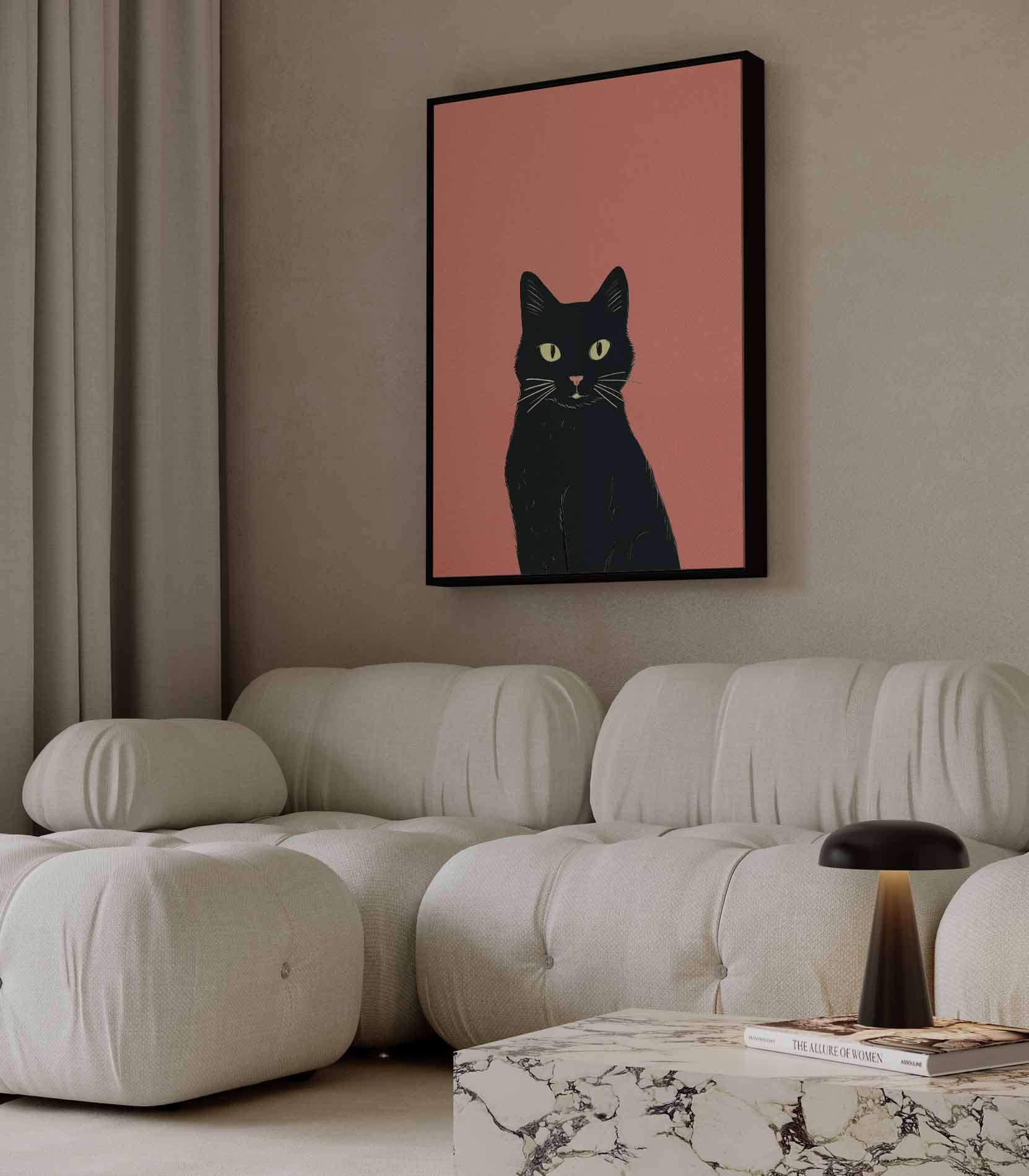 Mystieke Zwarte Kat Illustratie Kunstwerk-canvas-dibond-plexiglas-wanddecoratie-WallArtistic