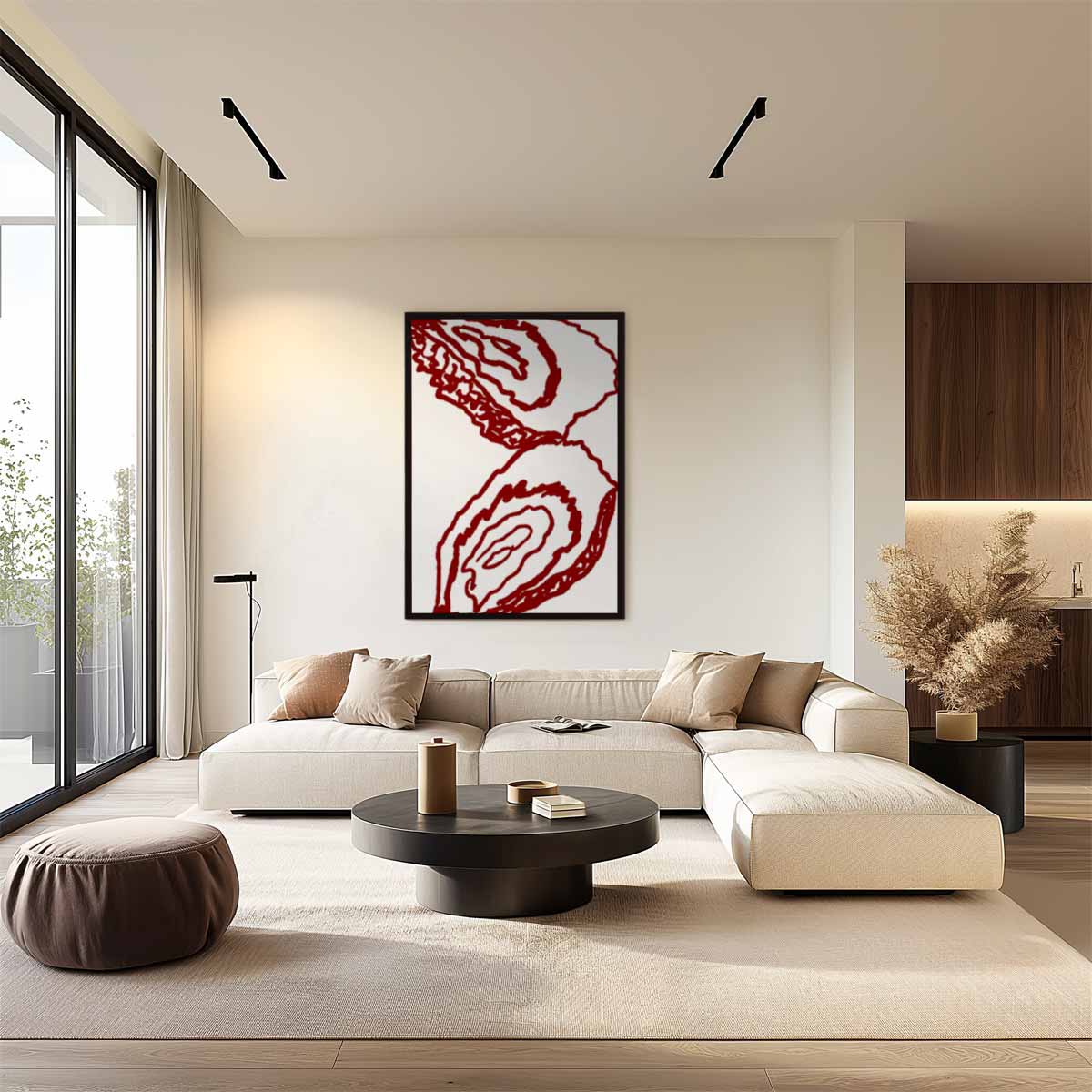 Rode Oester Lijnen Kunstwerk-canvas-dibond-plexiglas-wanddecoratie-WallArtistic