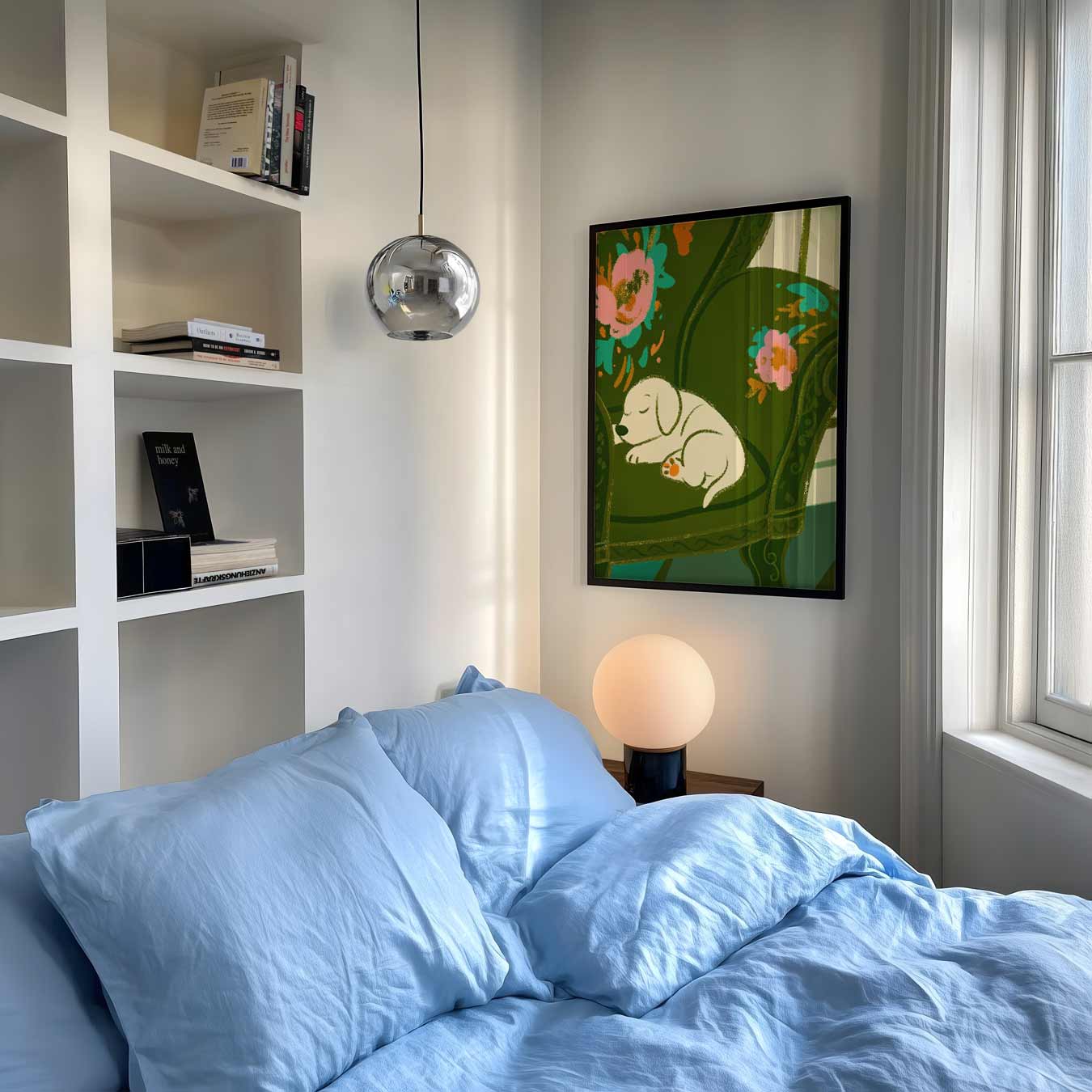 Slapende Puppy op Bloemenstoel Poster