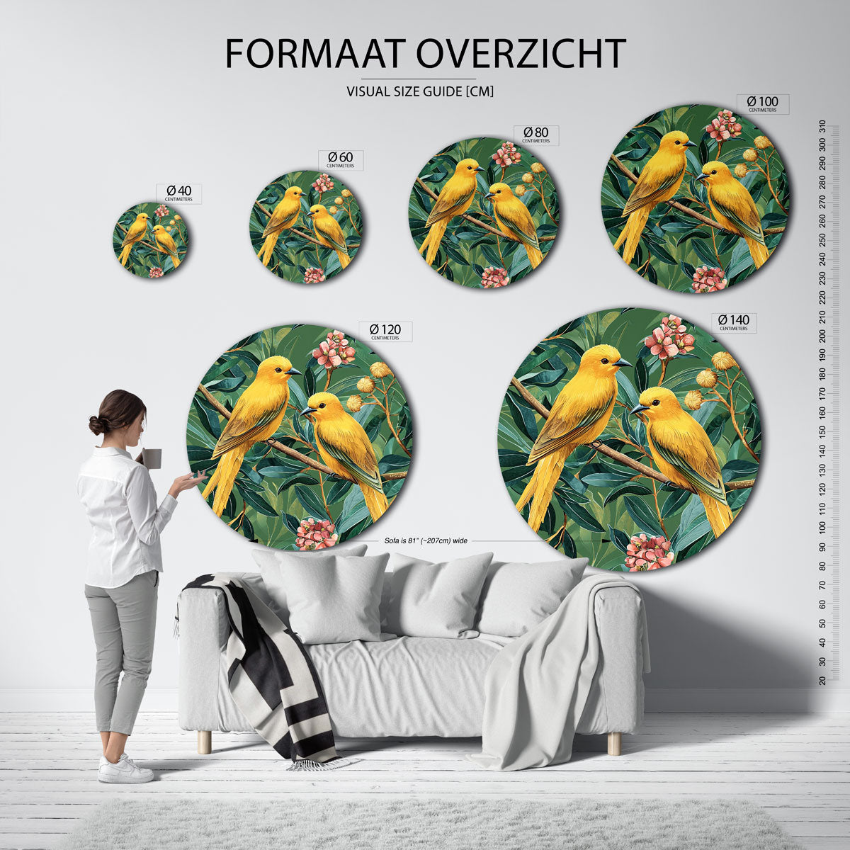 Gele vogels en bloemen Muurcirkel