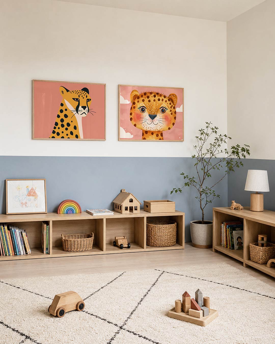 Twee liggende posters met een gestileerde cheetah tegen een roze achtergrond, aan de muur in een interieur