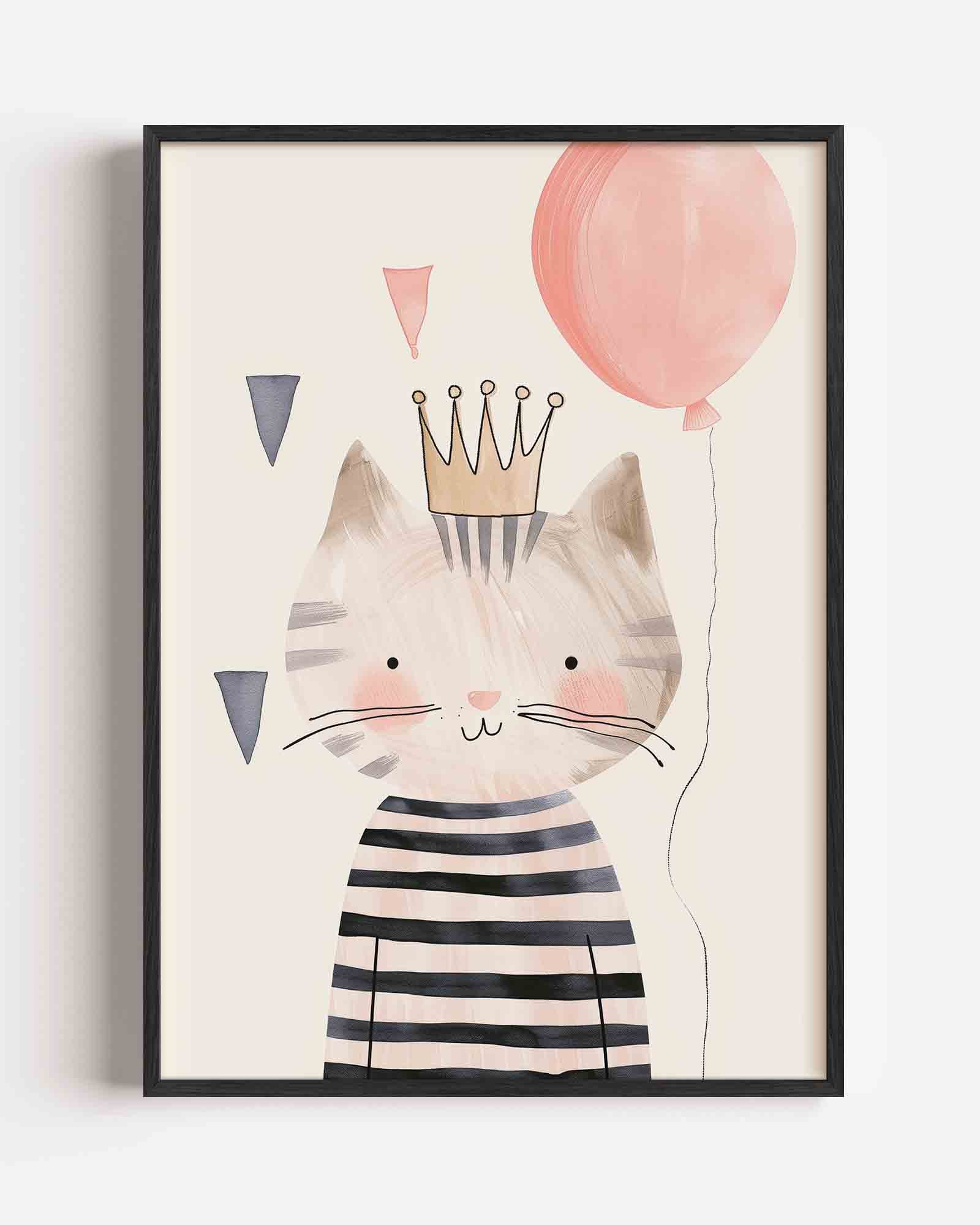 Kat met kroon en ballon Poster