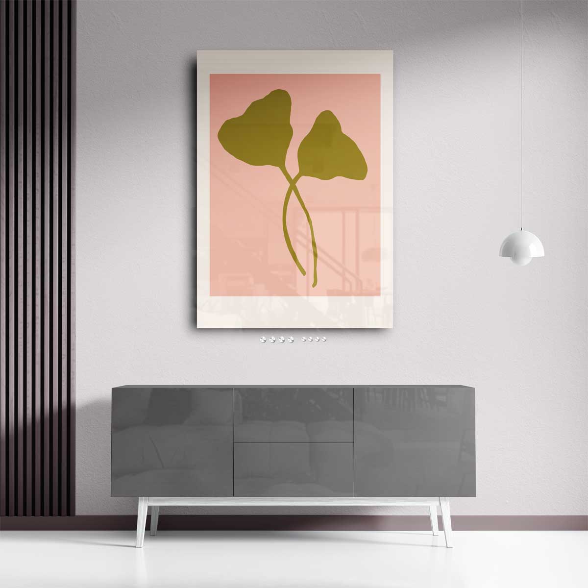 Minimalistische Bladvormen op Zalmkleur Kunstwerk-canvas-dibond-plexiglas-wanddecoratie-WallArtistic