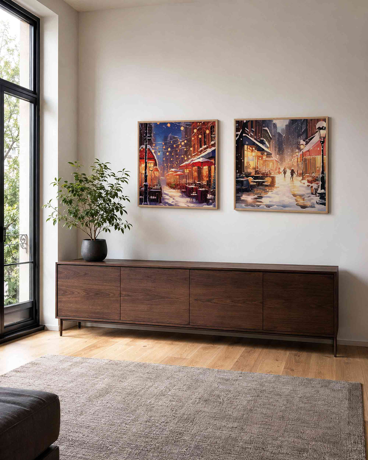 Interieurpresentatie van een tweedelige vierkante posterset met besneeuwde stadsstraat