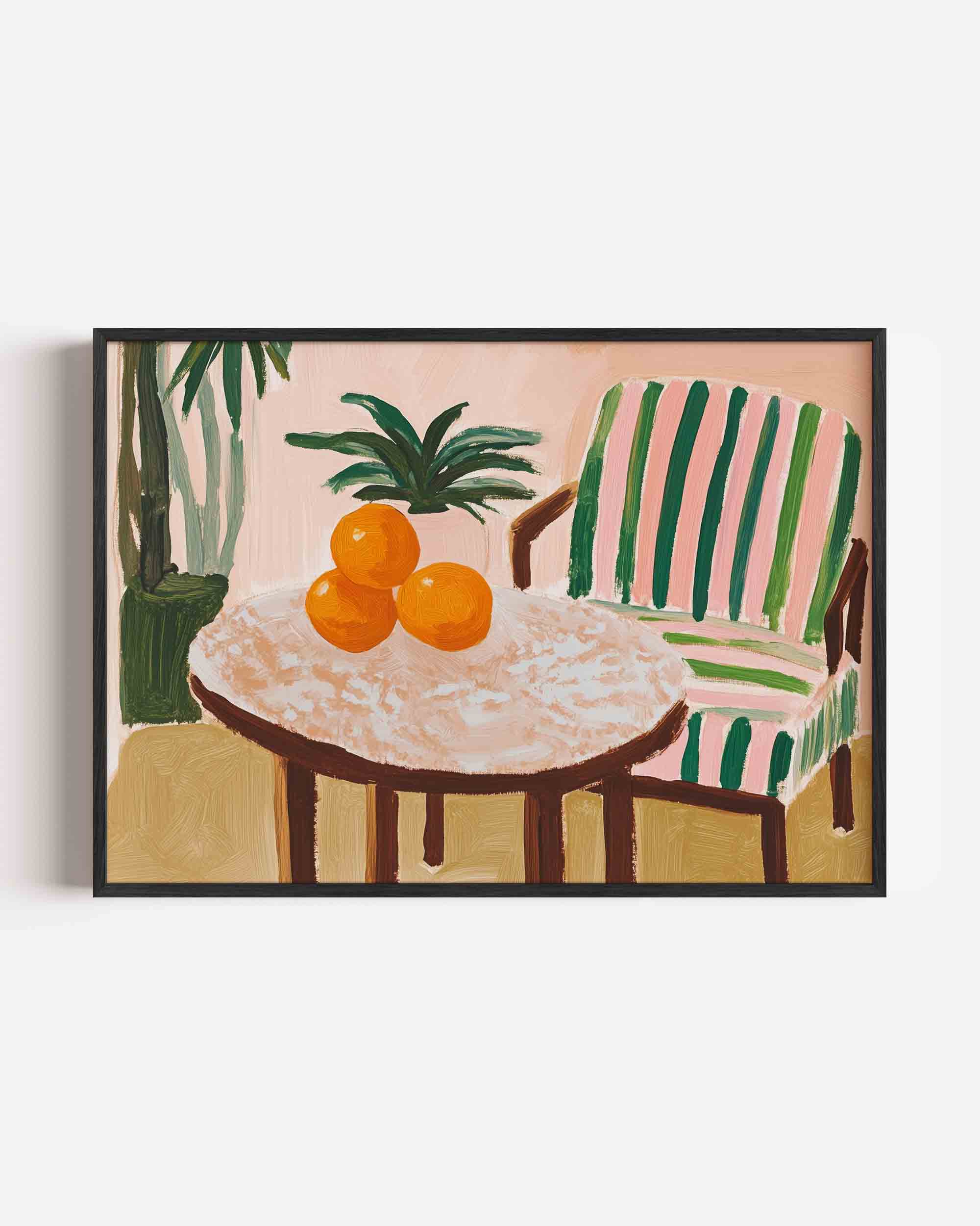 Oranje fruit en gestreepte stoel Poster