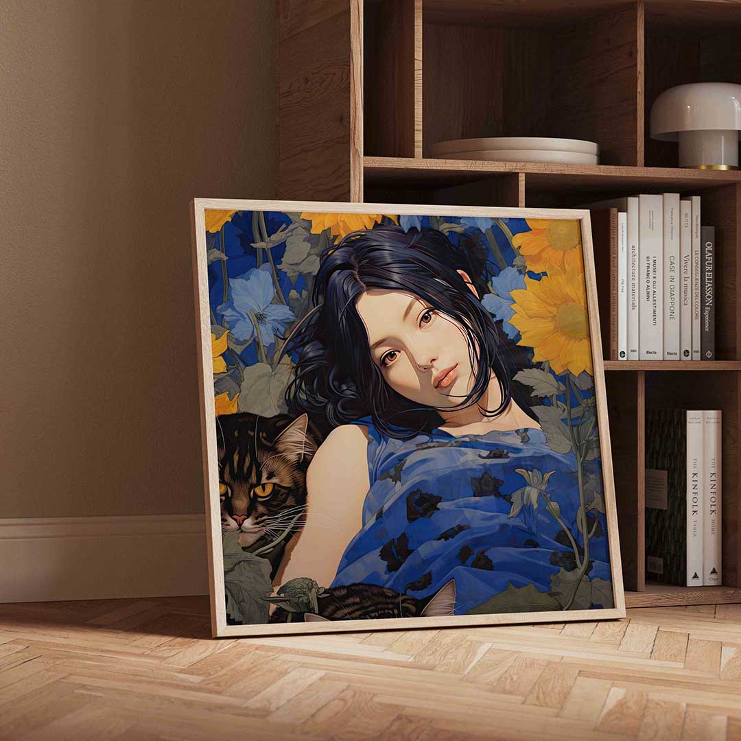 Vrouw met katten en bloemen Poster