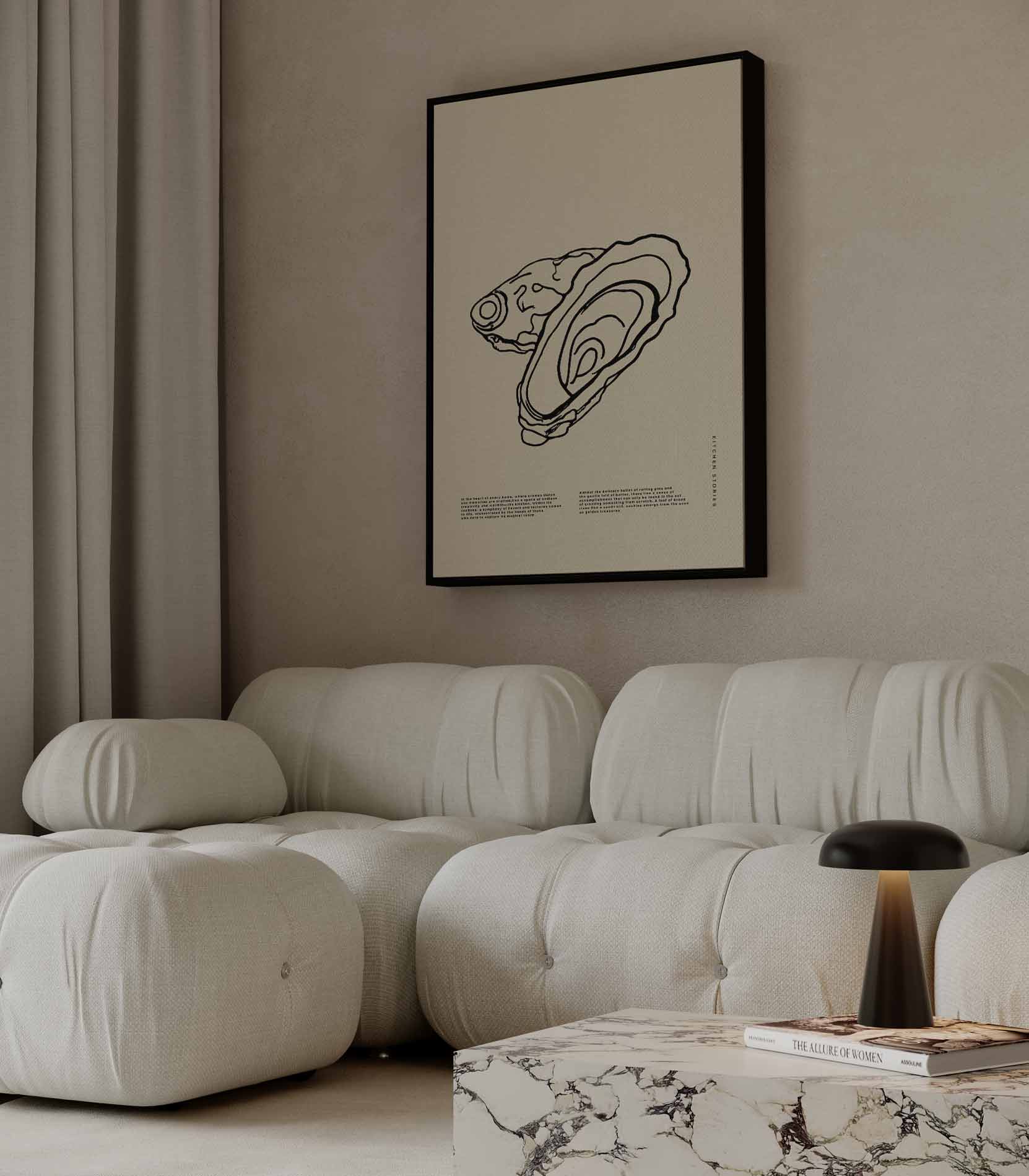 Oesterlijntekening op beige achtergrond Kunstwerk-canvas-dibond-plexiglas-wanddecoratie-WallArtistic