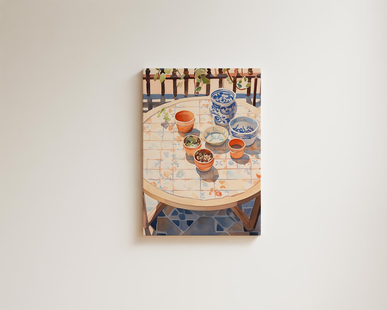 Zonnige Terrastafel met Bloempotten Kunstwerk-canvas-dibond-plexiglas-wanddecoratie-WallArtistic