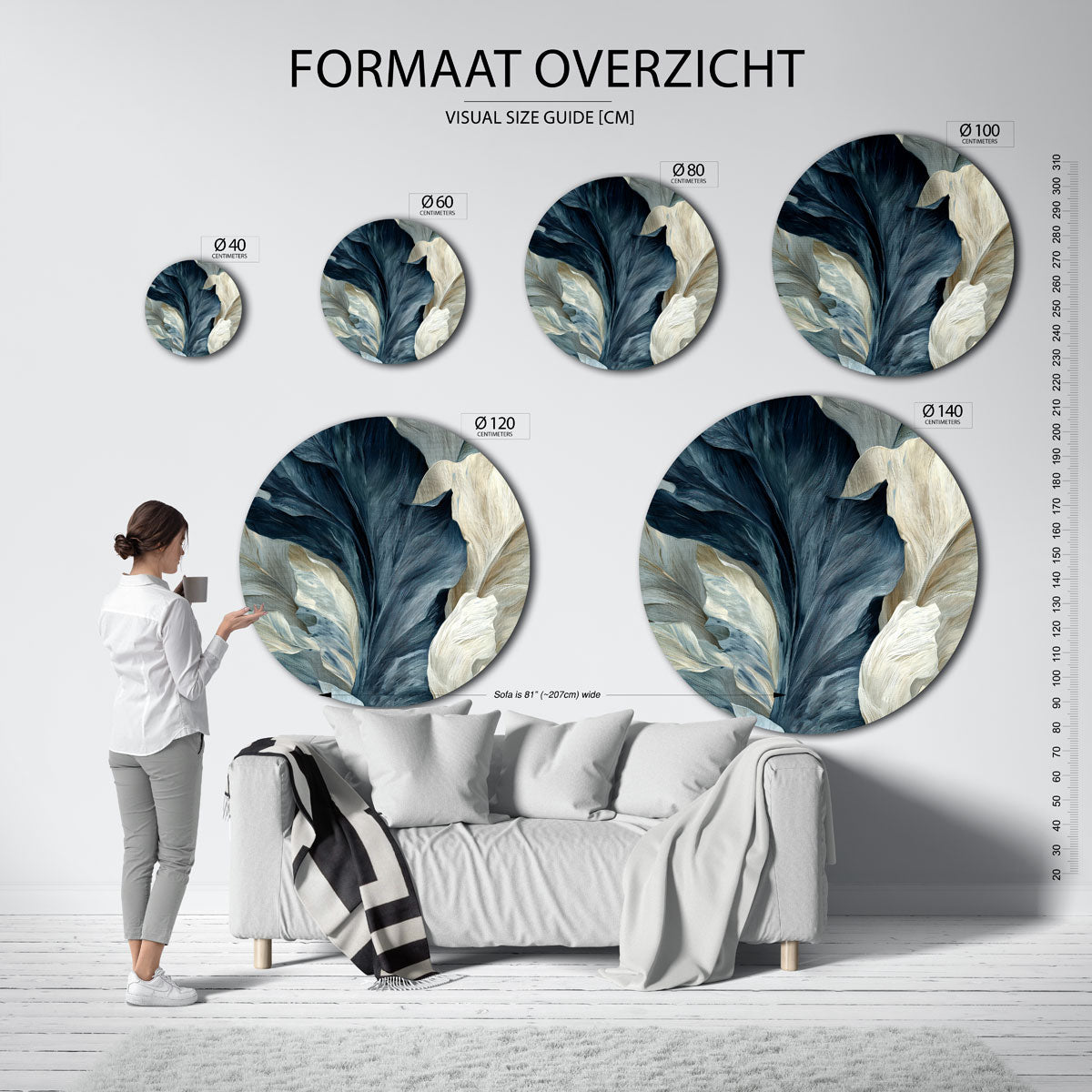 Bladeren in blauw en beige Muurcirkel