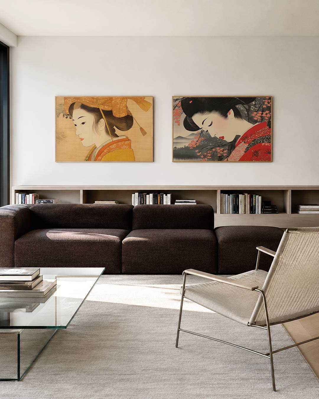 Tweedelige posterset met een sierlijke figuur, vloeiende lijnen en warme kleuren, getoond in een interieur