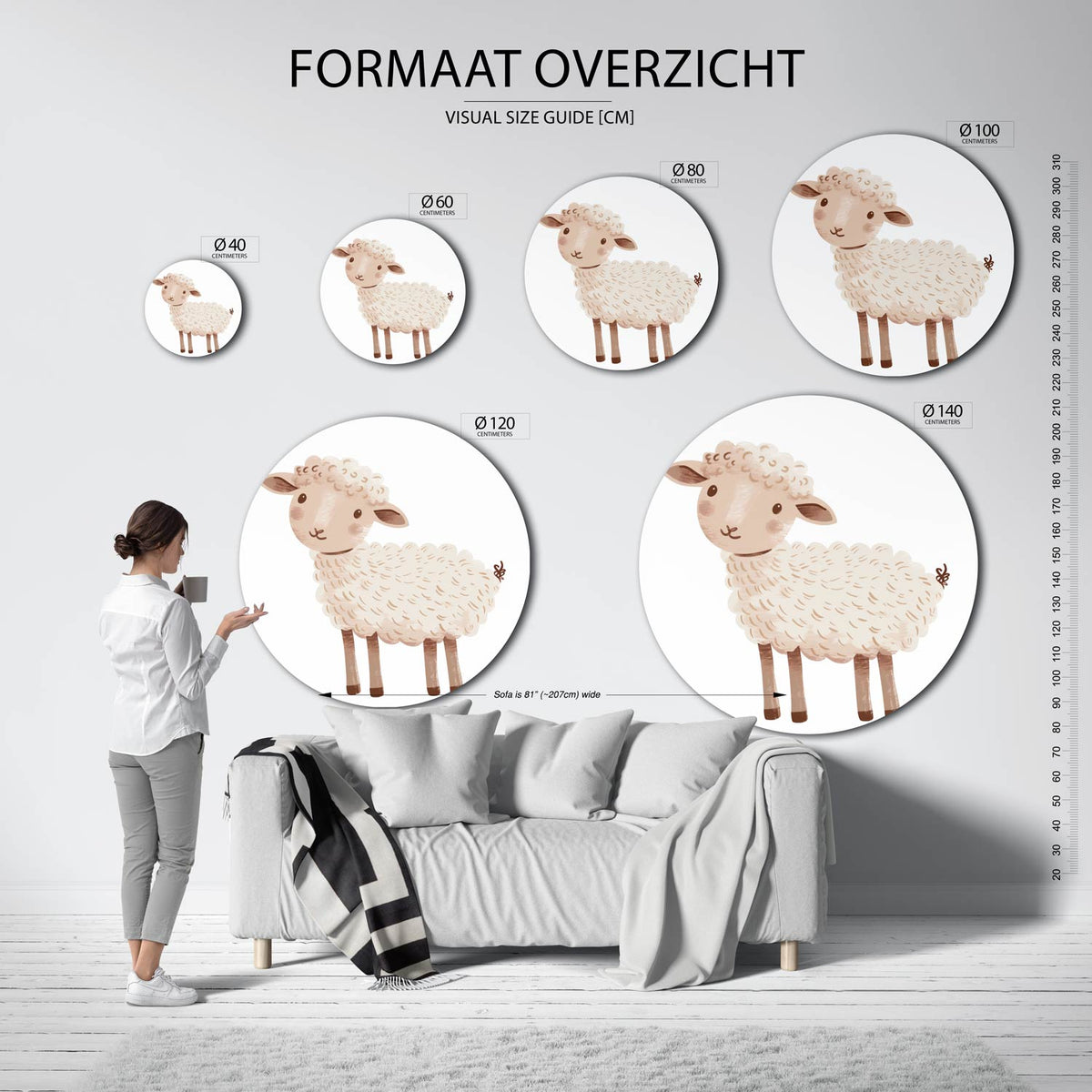 Schattig schaap Muurcirkel – extra productweergave – Een vriendelijk schaap in zachte beige en bruine tinten.