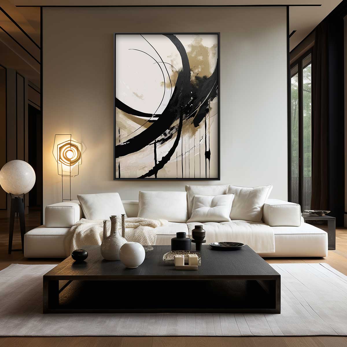 Abstracte Beweging in Zwart en Beige Kunstwerk-canvas-dibond-plexiglas-wanddecoratie-WallArtistic