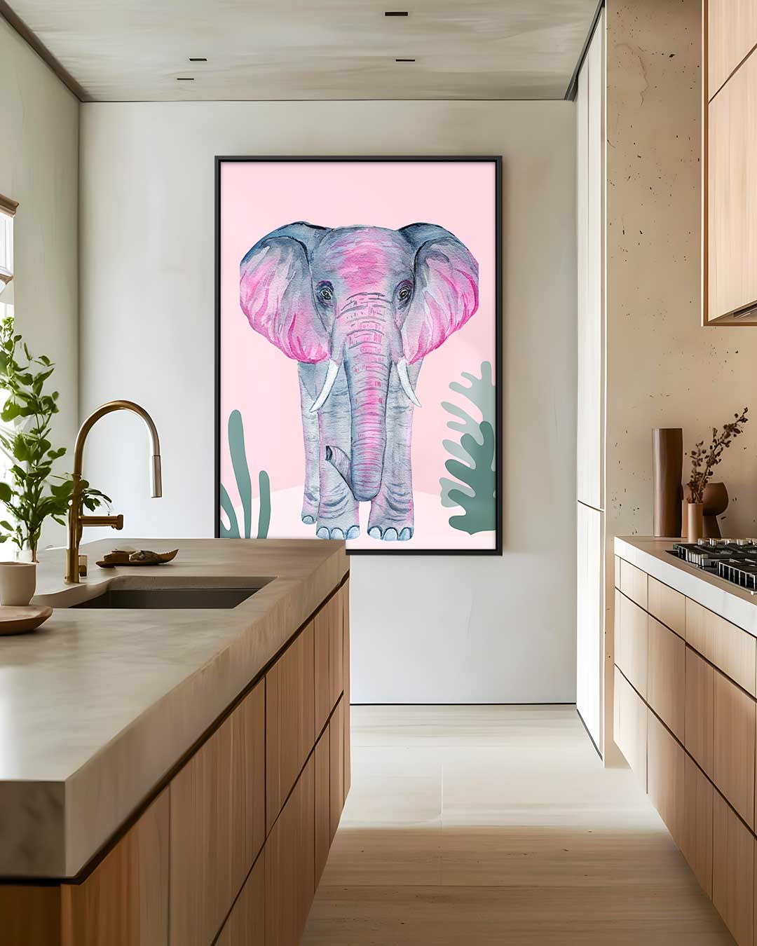 Roze Olifant op Roze Achtergrond Kunstwerk-canvas-dibond-plexiglas-wanddecoratie-WallArtistic