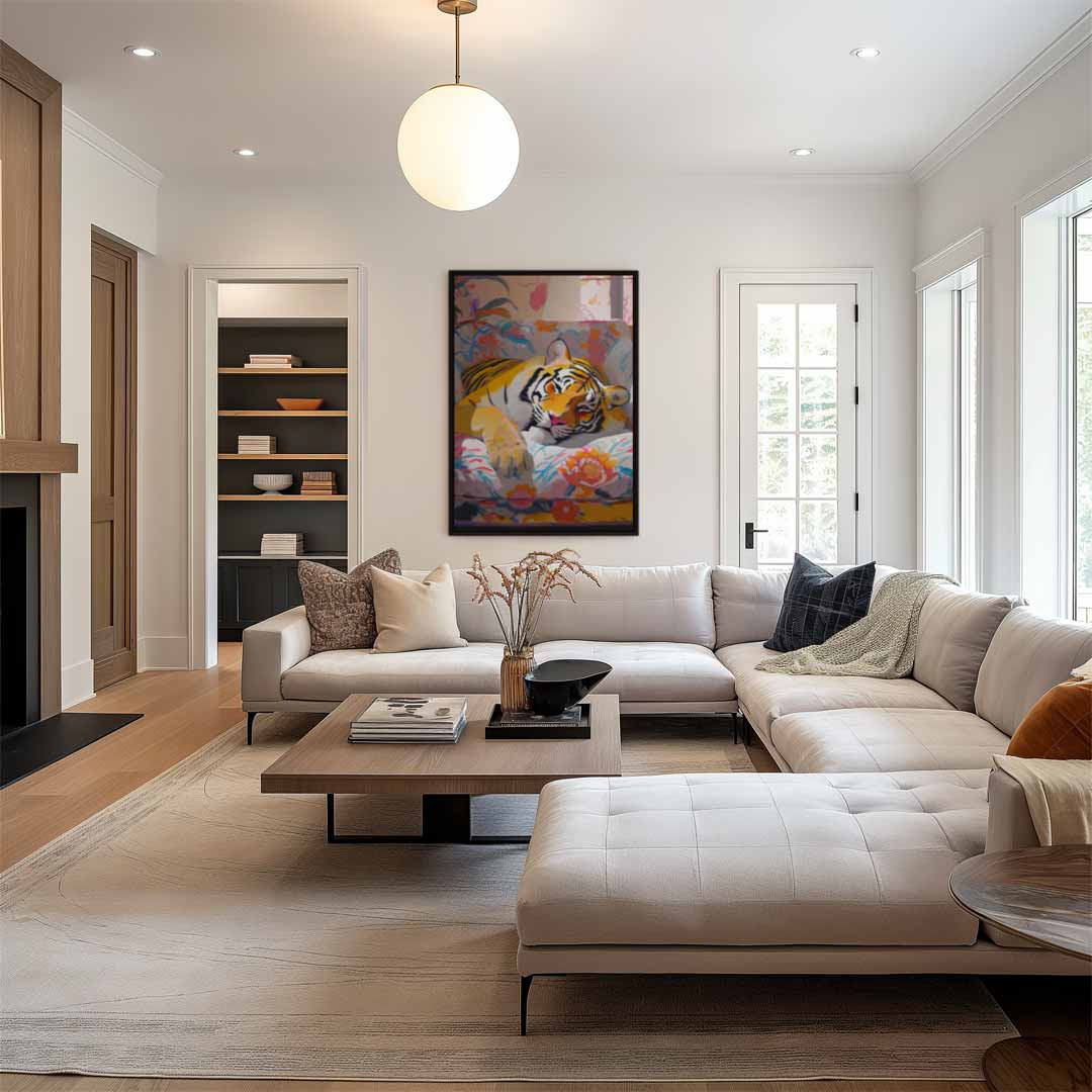 Luie Tijger Knus in Bloemenfauteuil Kunstwerk-canvas-dibond-plexiglas-wanddecoratie-WallArtistic