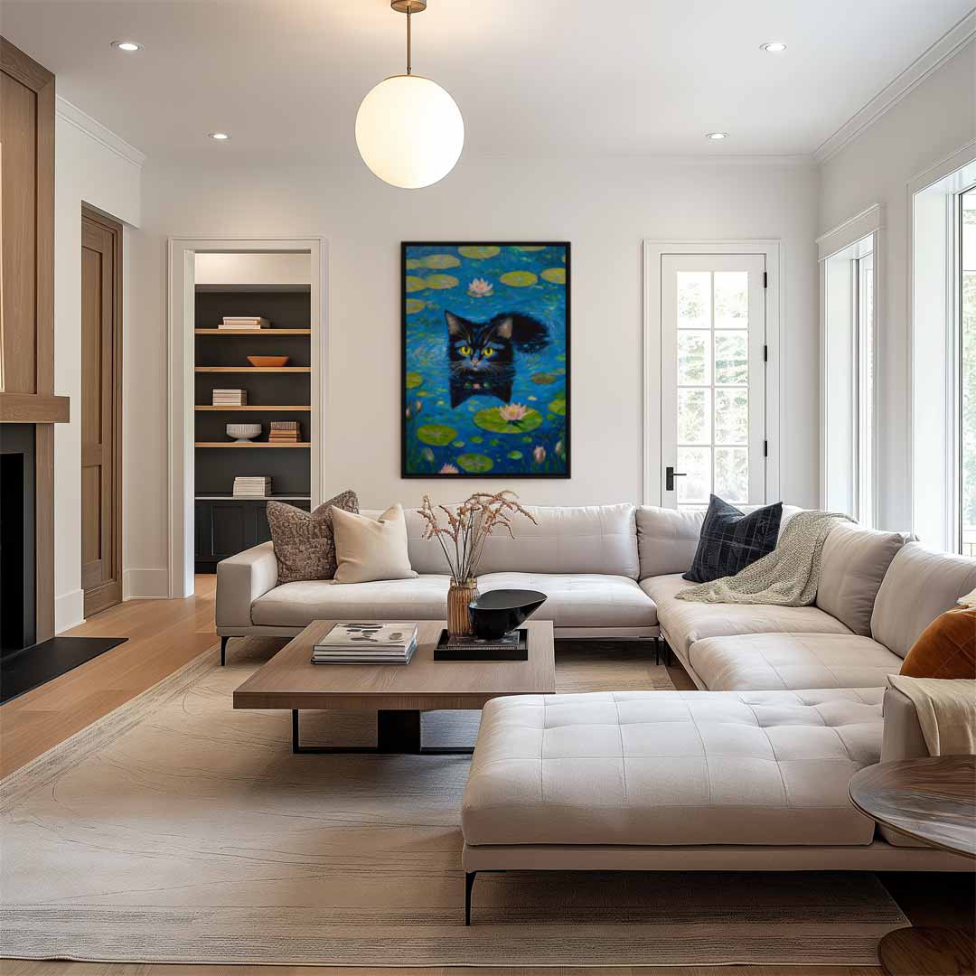 Zwemmende Kat Tussen Waterlelies Kunstwerk-canvas-dibond-plexiglas-wanddecoratie-WallArtistic