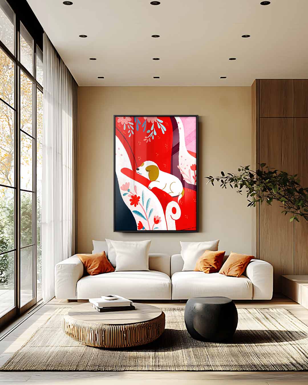 Dromerige Hond op Rode Stoel Kunstwerk-canvas-dibond-plexiglas-wanddecoratie-WallArtistic