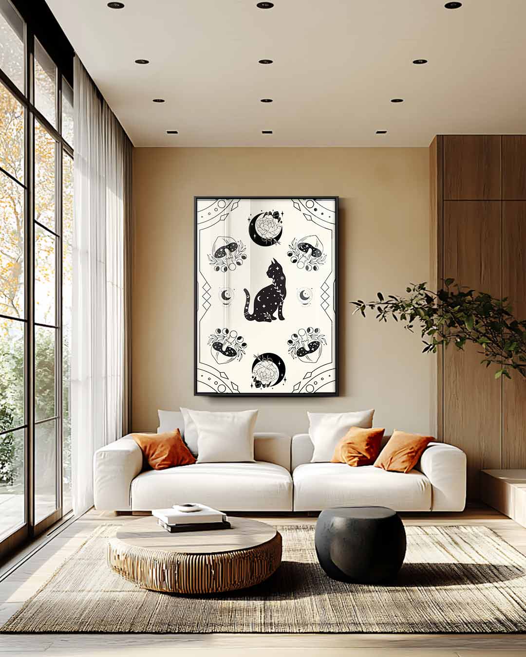 Mystieke Kat en Paddenstoelen Illustratie Kunstwerk-canvas-dibond-plexiglas-wanddecoratie-WallArtistic