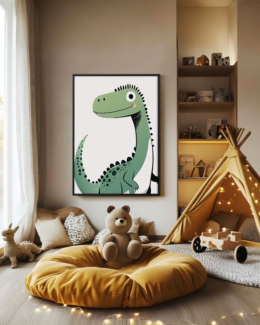Vrolijke Dino Illustratie Kunstwerk-canvas-dibond-plexiglas-wanddecoratie-WallArtistic