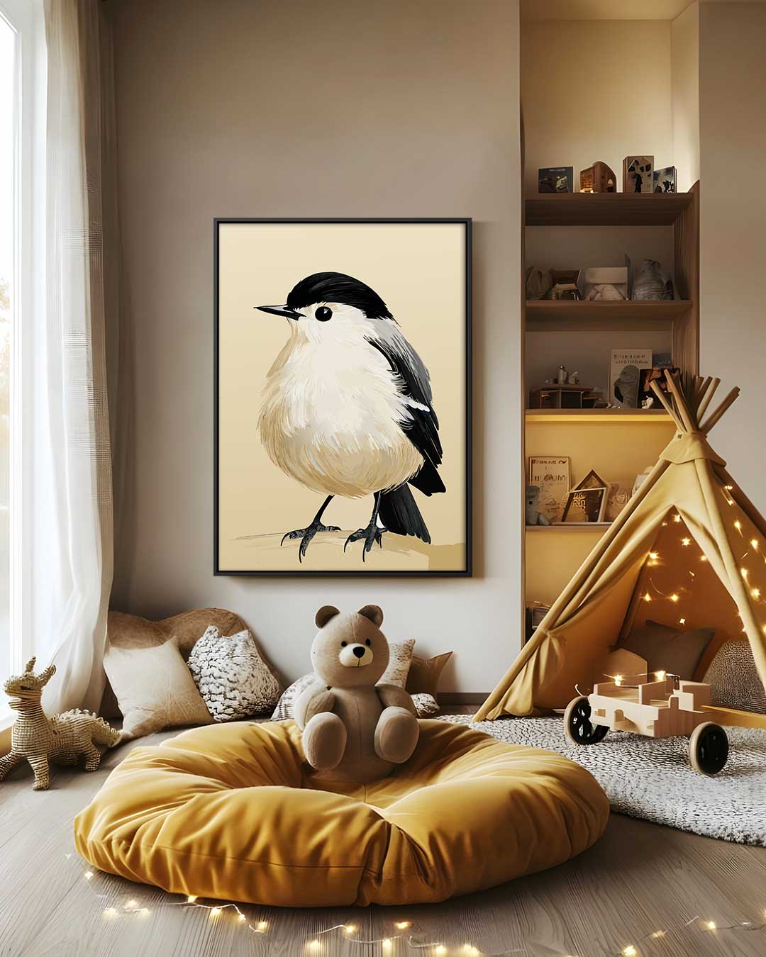 Fluffy Vogel Illustratie Kunstwerk-canvas-dibond-plexiglas-wanddecoratie-WallArtistic