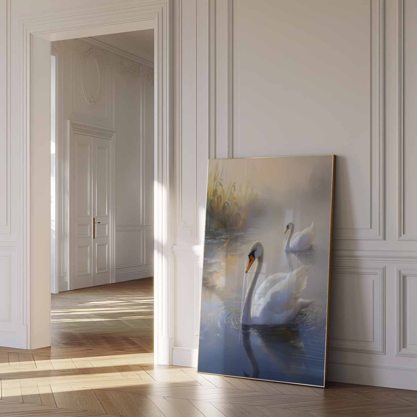 Elegant Zwevend Zwanenpaar Poster-WallArtistic