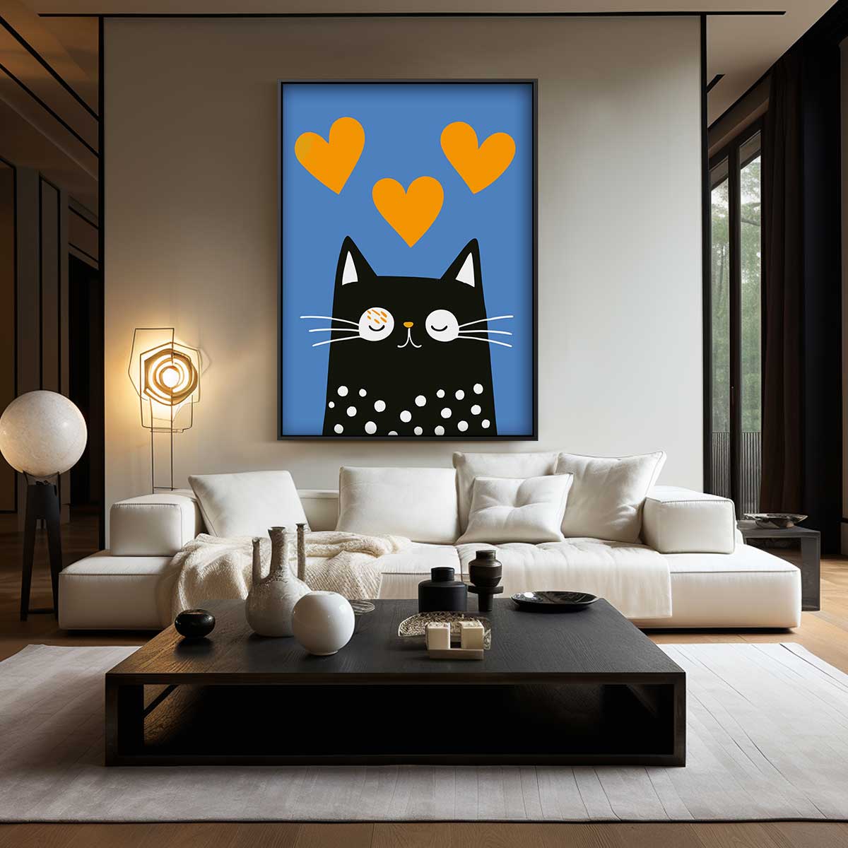Vrolijke Kat met Liefdesharten Kunstwerk-canvas-dibond-plexiglas-wanddecoratie-WallArtistic