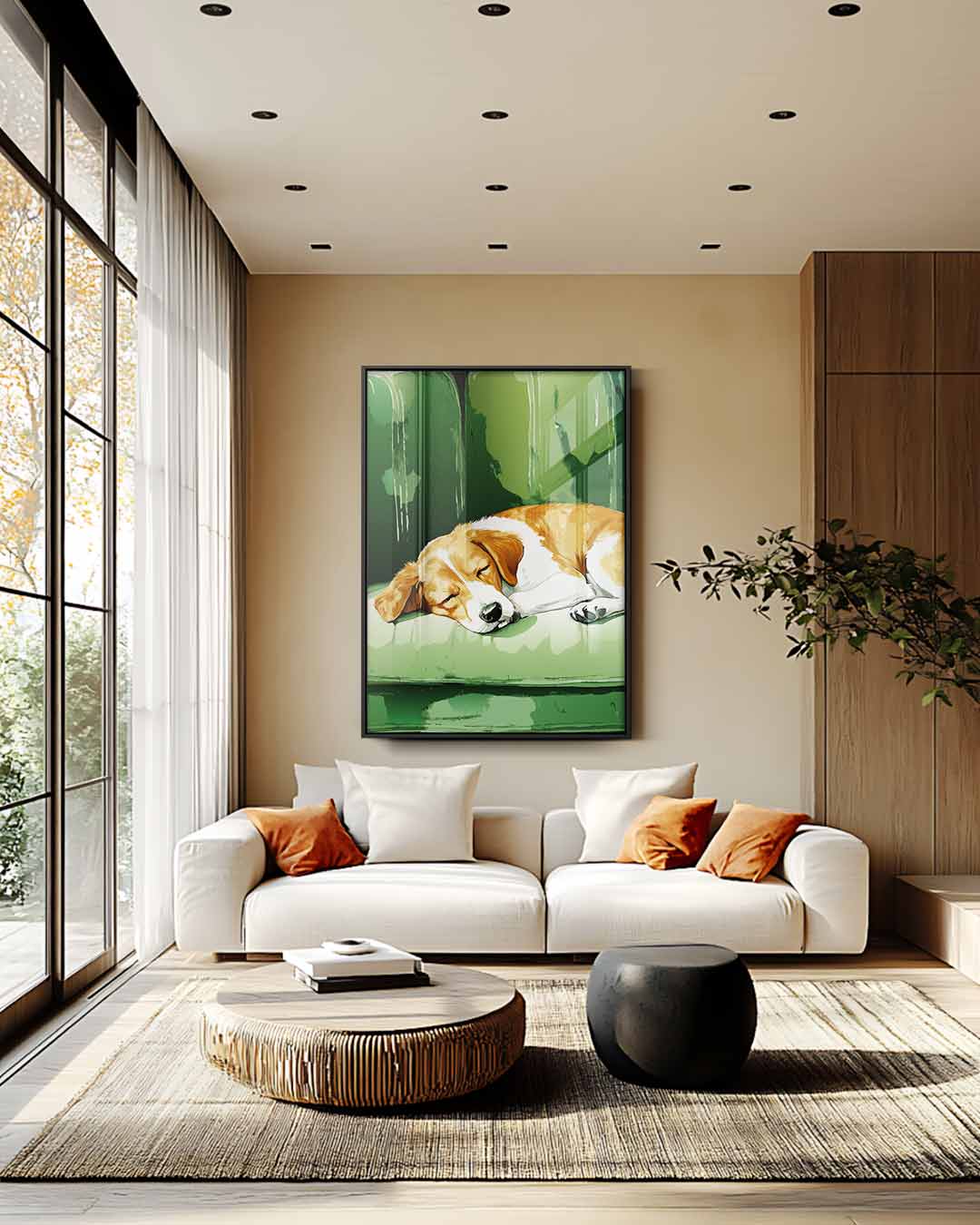 Slapende Beagle op Groene Bank Kunstwerk-canvas-dibond-plexiglas-wanddecoratie-WallArtistic