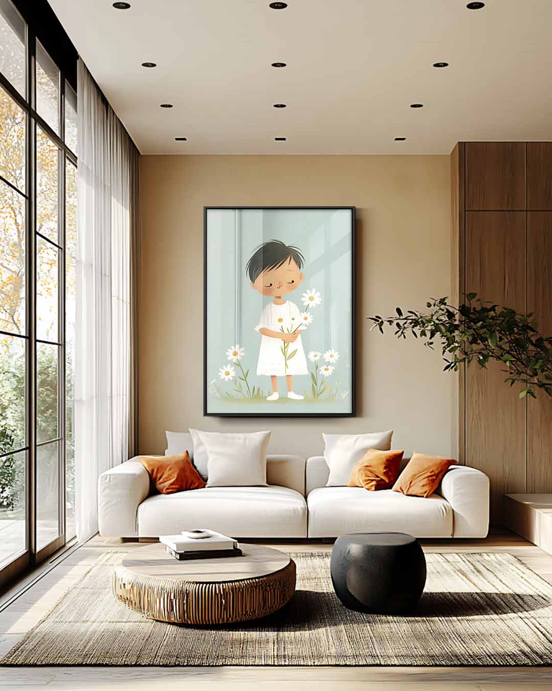 Dromerig Kind met Madeliefjes Kunstwerk-canvas-dibond-plexiglas-wanddecoratie-WallArtistic