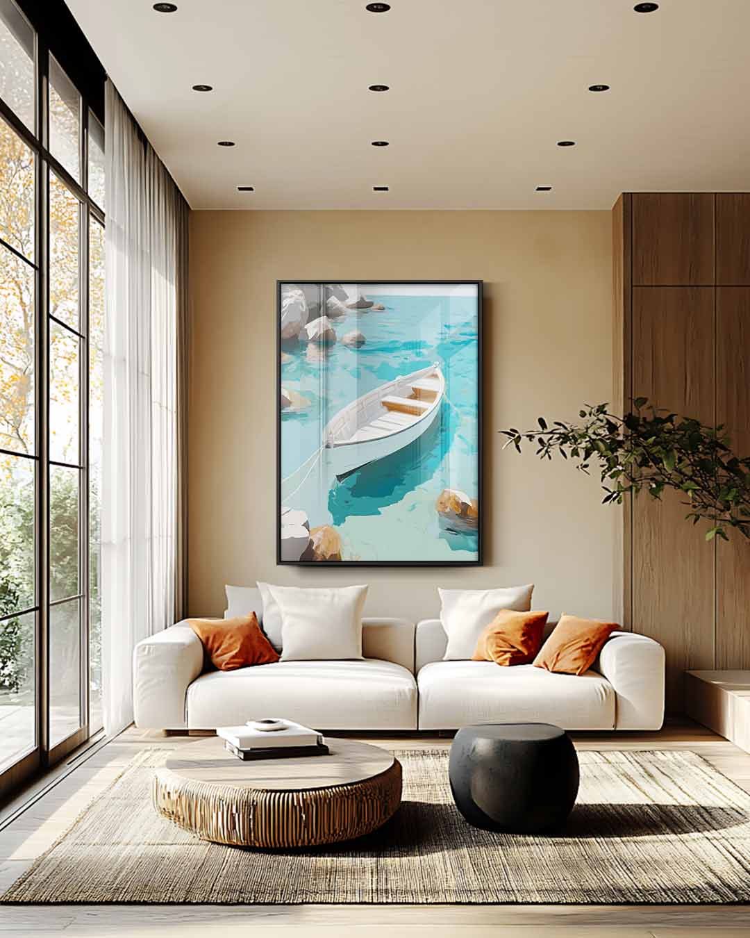 Rustgevend Bootje op Helder Blauw Water Kunstwerk-canvas-dibond-plexiglas-wanddecoratie-WallArtistic