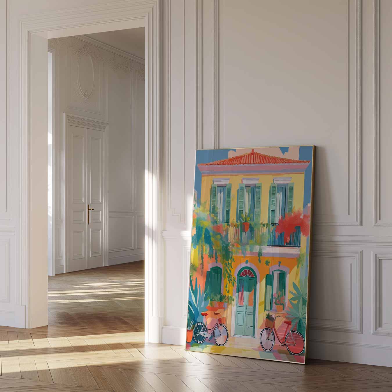 Zonnige Stadsgevel met Kleurrijke Fietsen Poster-WallArtistic